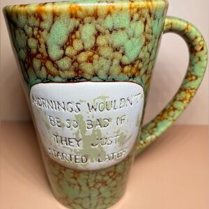 Handmade Green Speckled‎ Mug with Embossed Text Mornings Wouldn’t Be So Bad If